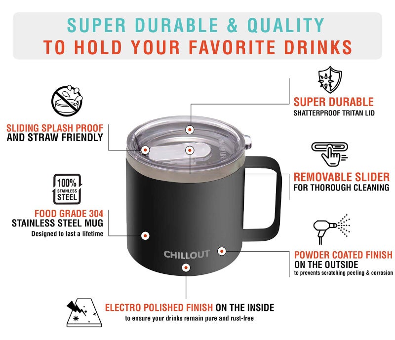 CHILLOUT LIFE Stainless Steel 16 oz Vacuum Insulated Coffee Mug with Handle and Lid, Large Thermal Camping Coffee Mugs with Sliding Lid for Men & Women - Keeps your Beverages Hot/Cold, 2 Pack - Image 3